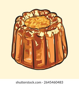 Ilustração artística desenhada à mão de uma tradicional pastelaria francesa de canelé com crosta caramelizada e centro macio. Ideal para menus de padaria, embalagens de alimentos ou coleções de sobremesas gourmet.