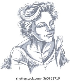 Artistic hand-drawn image, black and white portrait of delicate stylish sorrowful girl. Emotions theme illustration.