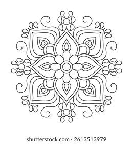 Artistic Hand-Drawn Mandala in Black and White Coloring Book Page