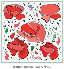 Artistic Hand-drawn sat of illustration with poppies, lines and doodles, scribble texture. Delicate green, red and pink colors. It can be used for  wallpaper, wrapping paper, notebooks.