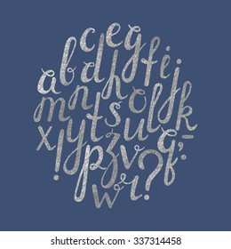 Artistic handdrawn silver font with punctuation marks. All the letters are painted in silver texture. Italic, bold. Question mark, exclamation point, period, comma, dash, hyphen. Vector illustration.