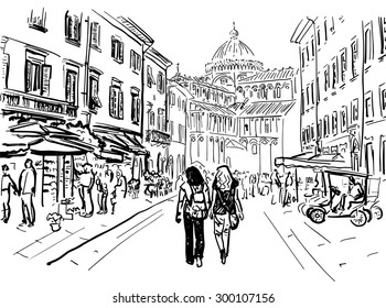 Artistic hand-drawn sketch of street in Pisa, Italy