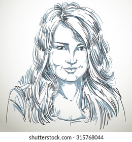 Artistic hand-drawn vector image, black and white portrait of delicate stylish smiling girl. Emotions theme illustration. Graphic image.