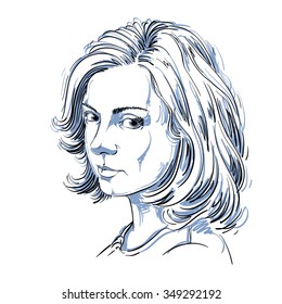 Artistic hand-drawn vector image, black and white portrait of delicate melancholic peaceful girl. Emotions theme illustration. Attractive model.