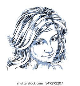 Artistic hand-drawn vector image, black and white portrait of delicate naÃ?Â¯ve blameworthy girl. Emotions theme illustration. I feel guilty theme picture.