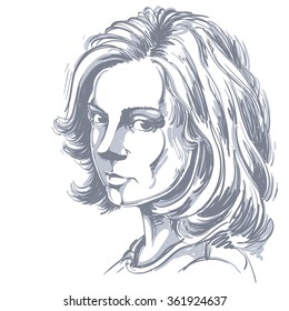 Imagen artística de vector dibujada a mano, retrato en blanco y negro de una delicada chica melancólica pacífica. Ilustración temática de emociones. Modelo atractivo.