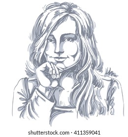 Artistic hand-drawn vector image, black and white portrait of flirting girl with delicate features. Emotions theme illustration.