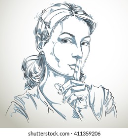 Artistic hand-drawn vector image, black and white portrait of delicate stylish girl making a hush gesture with her finger close to mouth. Emotions theme illustration. Be quiet idea.