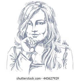 Artistic hand-drawn vector image, black and white portrait of flirting girl with delicate features. Emotions theme illustration.