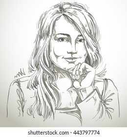 Artistic hand-drawn vector image, black and white portrait of flirting girl with delicate features. Emotions theme illustration.