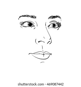 Artistic hand-drawn vector image, black and white portrait of delicate stylish girl. Emotions theme illustration. Peaceful and confident personality, visage features.