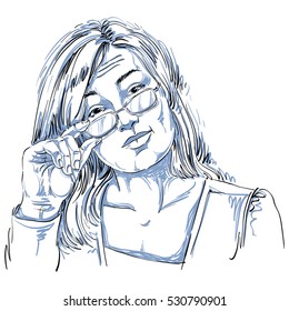 Artistic hand-drawn vector image, black and white portrait of delicate stylish girl with eyeglasses. Emotions theme illustration, business woman looks inspecting and curious at somebody.