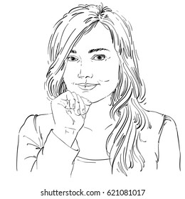 Imagen artística de vector dibujada a mano, retrato en blanco y negro de coquetear a una chica con características delicadas. Ilustración temática de emociones.