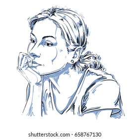 Artistic hand-drawn vector image, black and white portrait of delicate melancholic peaceful girl. Emotions theme illustration. Cute girl thinking about something.