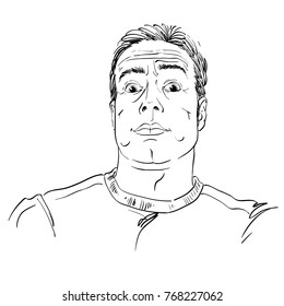 Artistic hand-drawn vector image, black and white portrait of impressed man. Emotions theme illustration, dazed guy.