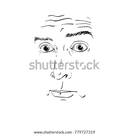 Artistic hand-drawn vector image, black and white portrait of blameworthy and regretful guy. Emotions theme illustration, visage features.
