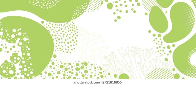 Fondo de Formas onduladas dibujadas a mano artísticas con formas onduladas suaves y abstractas dibujadas a mano . Abstractas fondo simple con manchas verdes y puntos.
