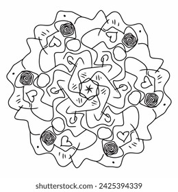 Artistic handmade Doodle illustration mandala. Vector clipart continuous line conсept isolated on white bkgr.B and W design for coloring,poster,postcard,label,sticker,tshirt,web,print,stamp,tattoo,etc