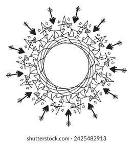 Artistic handmade Doodle illustration mandala. Vector clipart continuous line conсept isolated on white bkgr.B and W design for coloring,poster,postcard,label,sticker,tshirt,web,print,stamp,tattoo,etc