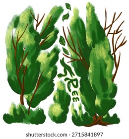 Ilustración digital artística pintada a mano con un grupo de árboles verdes altos y delgados que se asemejan a cipreses o álamos. El diseño utiliza pinceladas expresivas y diferentes tonos de verde para crear una sensación de movimiento y volumen, sobre un fondo blanco limpio para una estética fresca e inspirada en la naturaleza.