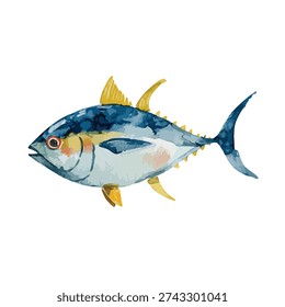 Artistic hand-painted tuna fish isolated on white, perfect for fresh seafood menus, healthy eating designs, or marine life projects.