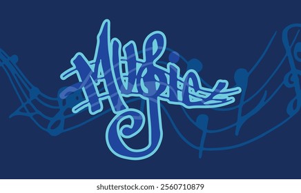 Artistic Handwritten Music Typography Logo with Notes and Swirls for T-Shirt Design