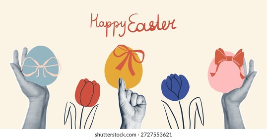 Artistic Happy Easter horizontal banner. Retro halftone hands holding colorful decorative eggs with bows and spring tulips in a vibrant vintage collage style. Festive greeting cards,  holiday design