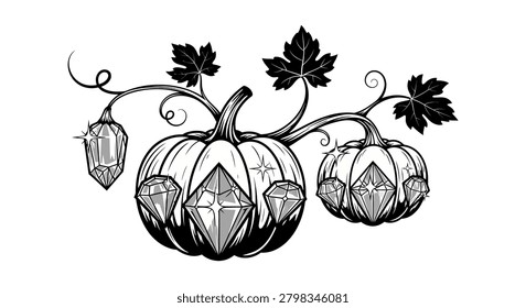Artistic harvest scene featuring pumpkins with hanging diamond-shaped crystals, perfect for luxury seasonal decor or magical autumn concepts.