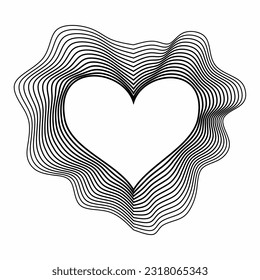 Artistic heart shape of waving contour. Three dimensional heart made from black line isolated on white background.