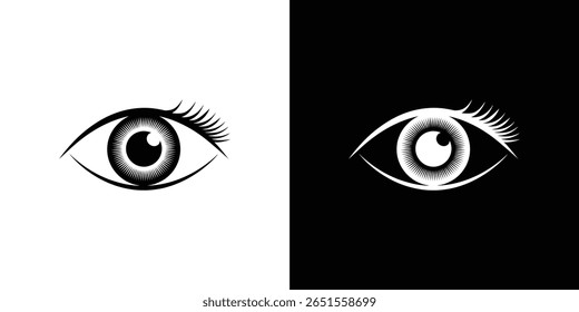 Artistic high-contrast illustration featuring a stylized eye with detailed eyelashes. Presented on a contrasting black and white background. Perfect for design elements or artistic expressions.