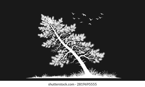 Artistic high-contrast nature scene with a bent pine tree.