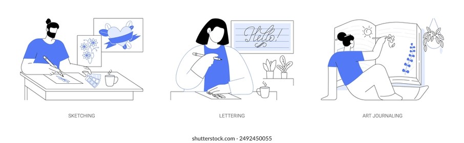 Artistic hobby isolated cartoon vector illustrations set. Hipster man drawing tattoo sketches on a paper, create graphic drawing, girl lettering in sketchbook, art journaling vector cartoon.
