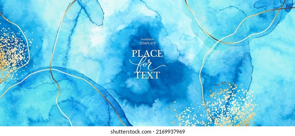 Artistic horizontal background. Blue watercolor fluid painting vector design. Dusty pastel, neutral and golden marble. Dye elegant soft splash style. Alcohol ink imitation. Wedding card, cover design.