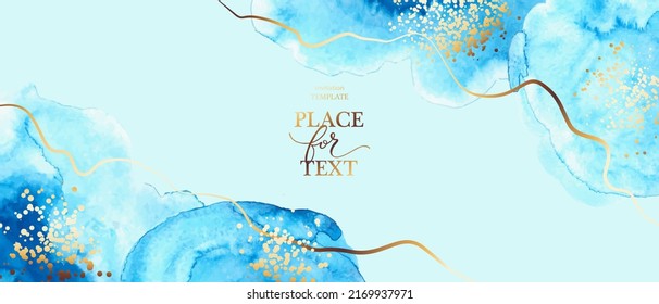 Artistic horizontal background. Blue watercolor fluid painting vector design. Dusty pastel, neutral and golden marble. Dye elegant soft splash style. Alcohol ink imitation. Wedding card, cover design.