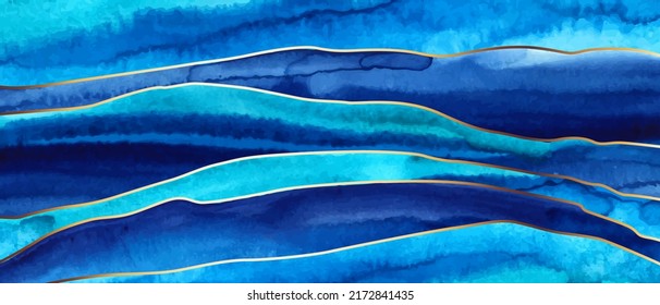 Artistic horizontal background. Blue watercolor waves and golden lines. Alcohol ink imitation. Wedding card, cover design.