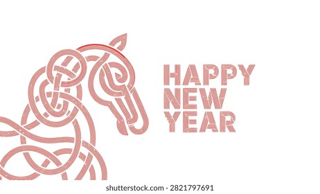 Artistic horse head illustration in ribbon‑like reddish pink lines with stylized “Happy New Year” text, symbolizing strength, vitality, celebration, and festive seasonal greeting design
