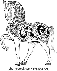 ARTISTIC HORSE VECTOR LINE ART ILLUSTRATION BLACK AND WHITE CLIP ART WITH ARTISTIC HENNA FLORAL DESIGN PATTERN. INDIAN DECORATED WEDDING HORSE CLIP ART LINE DRAWING ILLUSTRATION.