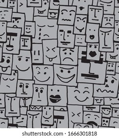 Artistic human faces cartoon / Seamless pattern with funny faces on grey background /geometric shapes in vector for fabric, wear, t-shirt, scarf, bikini, print design 