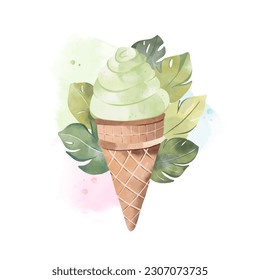 Artistic ice cream in a cone with botanical background. Food clip art. Summer food. Lime frozen snack. Watercolour ice cream isolated