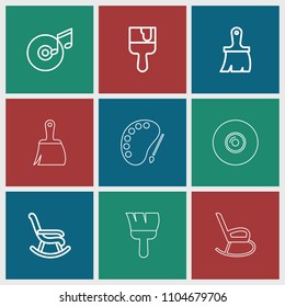 Artistic icon. collection of 9 artistic outline icons such as brush, paint brush, rocking chair, disc and music note. editable artistic icons for web and mobile.