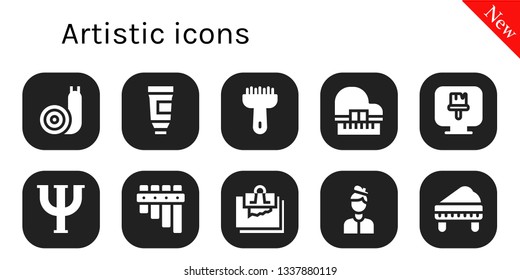 artistic icon set. 10 filled artistic icons.  Collection Of - Snail, Paint tube, Brush, Piano, Paint brush, Psi, Flute, Note, Artist