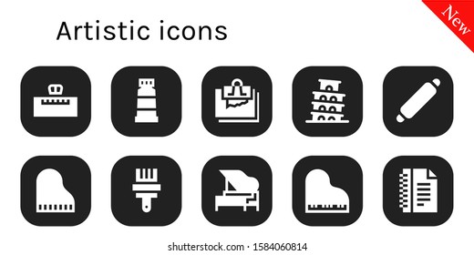 Artistic Icon Set. 10 Filled Artistic Icons.  Simple Modern Icons About  - Piano, Paint, Note, Pisa, Rolling Pin, Paint Brush, Notes