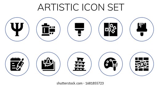 artistic icon set. 10 filled artistic icons. Included Psi, Notes, Reel, Note, Paint brush, Pisa, Color palette, Graffiti icons