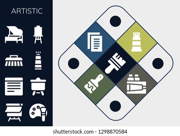  artistic icon set. 13 filled artistic icons. Simple modern icons about  - Brush, Canvas, Color palette, Notes, Paint tube, Piano, Paint, Paint brush