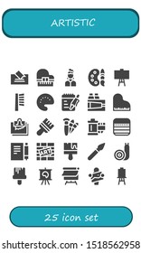 artistic icon set. 25 filled artistic icons.  Simple modern icons about  - Note, Piano, Artist, Paint palette, Canvas, Brush, Palette, Notes, Paint, Brushes, Reel, Graffiti, Paint brush