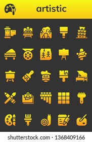 artistic icon set. 26 filled artistic icons.  Simple modern icons about  - Reel, Color palette, Artboard, Cave, Paint brush, Pisa, Piano, Art, Canvas, Artist, Brush, Note, Flute