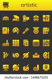 artistic icon set. 26 filled artistic icons.  Simple modern icons about  - Brush, Canvas, Piano, Reel, Artboard, Note, Color palette, Notes, Paint brush, Palette, Graffiti, Brushes