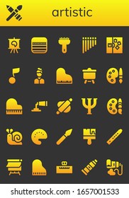 artistic icon set. 26 filled artistic icons.  Simple modern icons such as: Canvas, Brush, Notes, Flute, Note, Musical note, Artist, Piano, Palette, Paint tube, Rolling pin, Psi