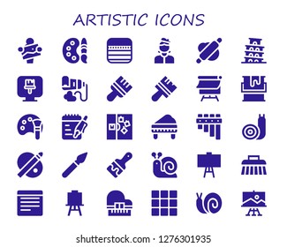  artistic icon set. 30 filled artistic icons. Simple modern icons about  - Artist, Paint palette, Notes, Rolling pin, Pisa, Paint brush, Paint tube, Brush, Canvas, Paint, Color palette