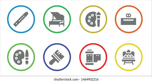 artistic icon set. 8 filled artistic icons.  Collection Of - Flute, Palette, Piano, Brush, Color palette, Reel, Artboard